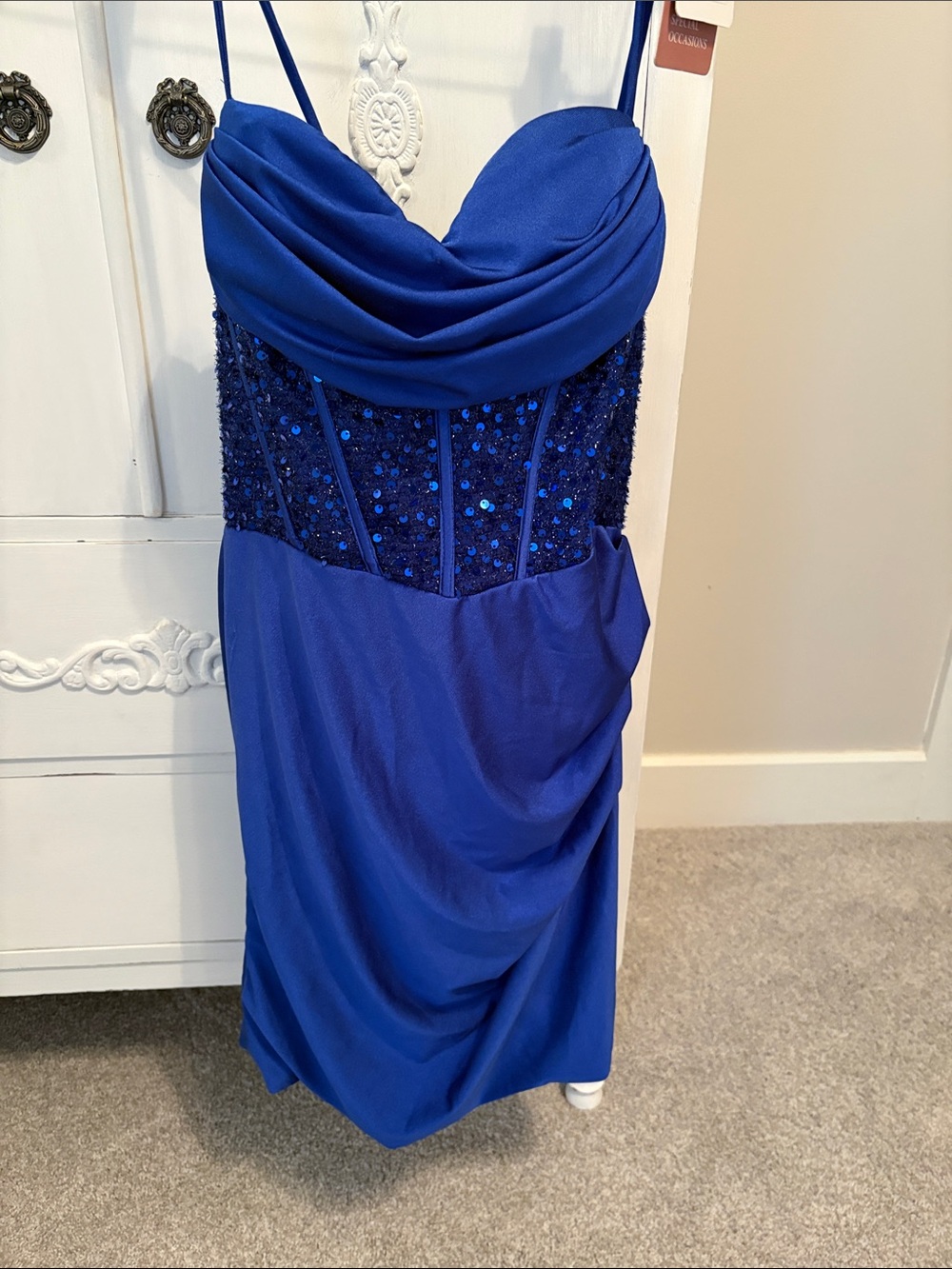 Strapless Royal Blue Sequin Bodice Dress